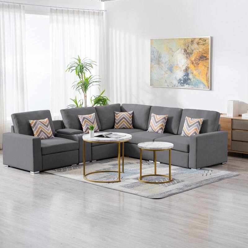 Linen 6Pc Reversible Sectional Sofa with USB Charging Ports Storage