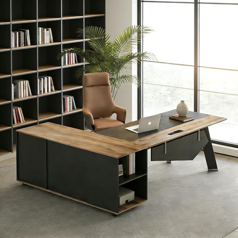 WESOME 63" Modern Executive Desk with 47" lateral File Cabinet, L-Shaped Desk with Storage Shelves and Doors - Warm Oak & Black