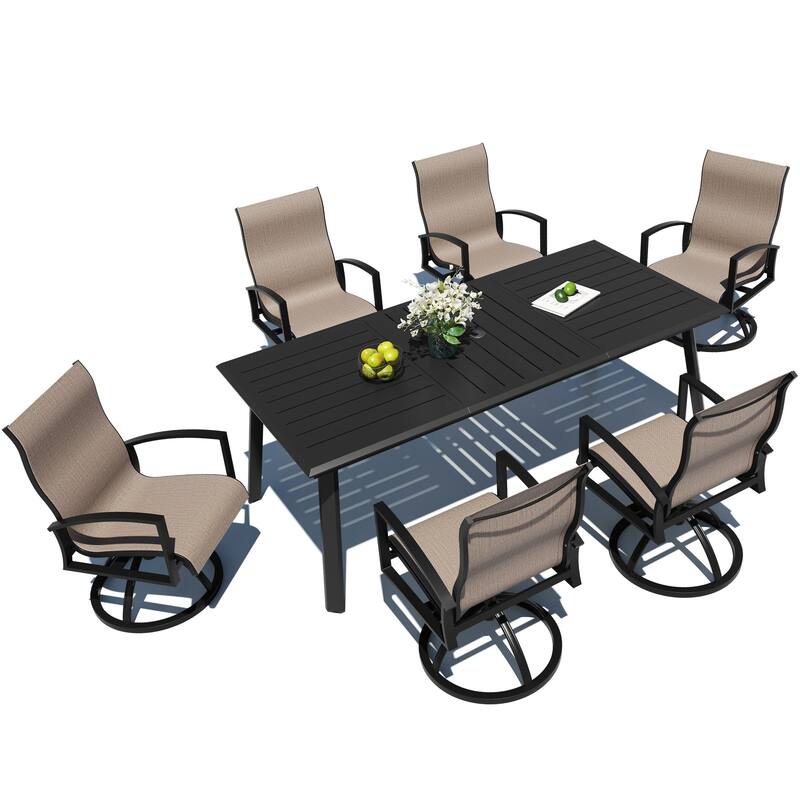 7-Piece Patio Dining Set High Back Sunbrella Swivel Chair and Aluminum Dining Table