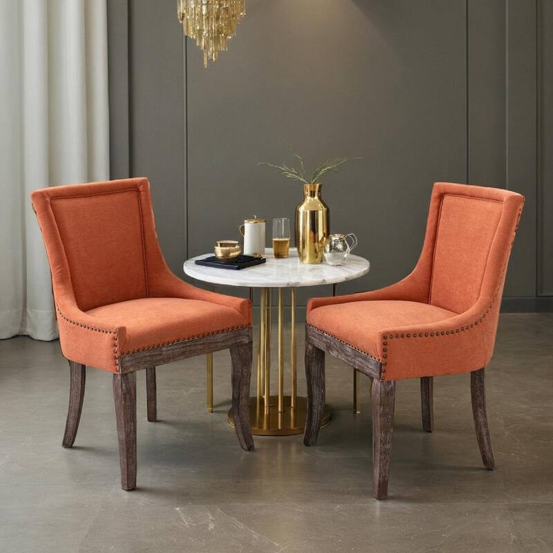 Dining Chair，Thickened fabric chairs with neutrally toned solid wood legs， Bronze nail head，Set of 2 - Orange