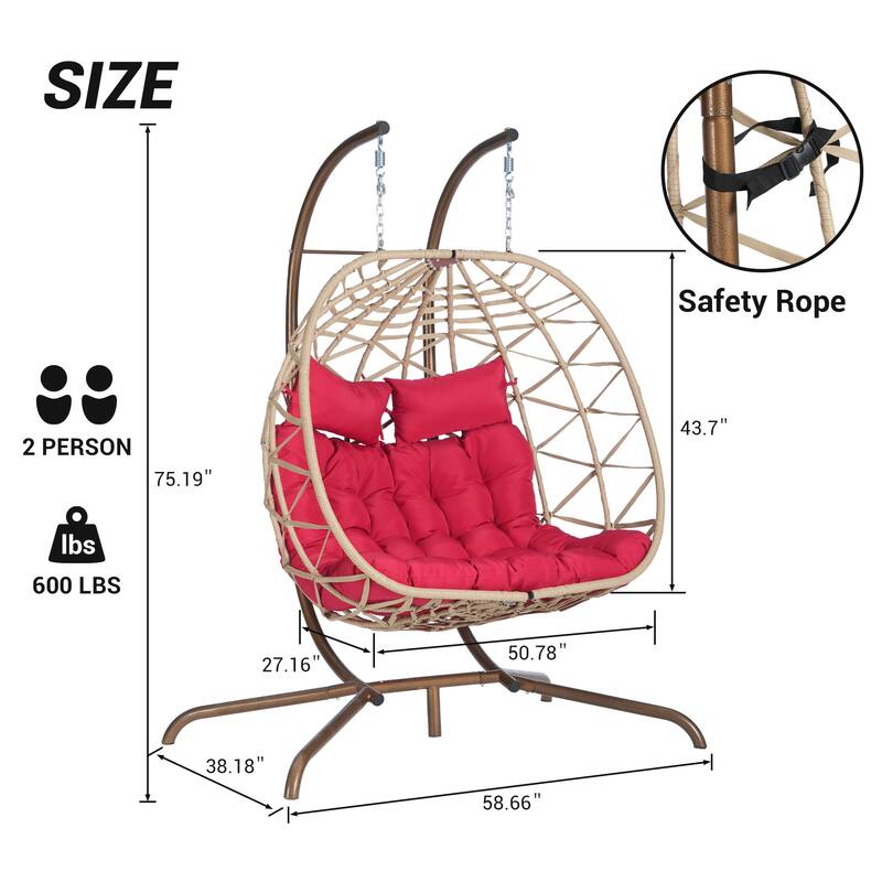 Double Rattan Egg Chair with Stand and UV-Resistant Cushions and Iron Frame - Outdoor Hanging Swing (600lb Capacity)