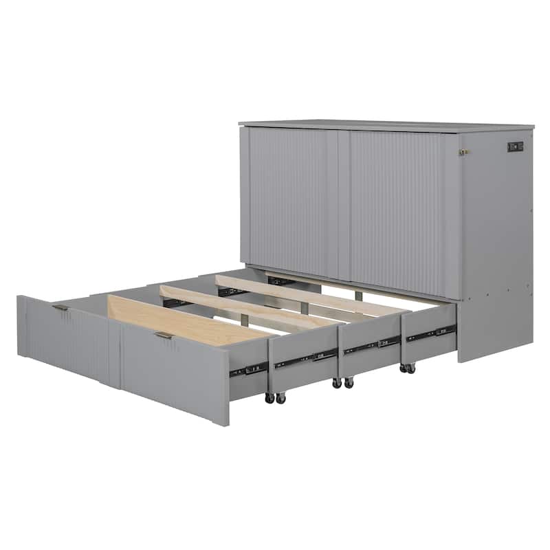 Full Size Smart Murphy Bed with Roller Skate System With Built-in USB/Outlet Charging Station & Storage Drawer