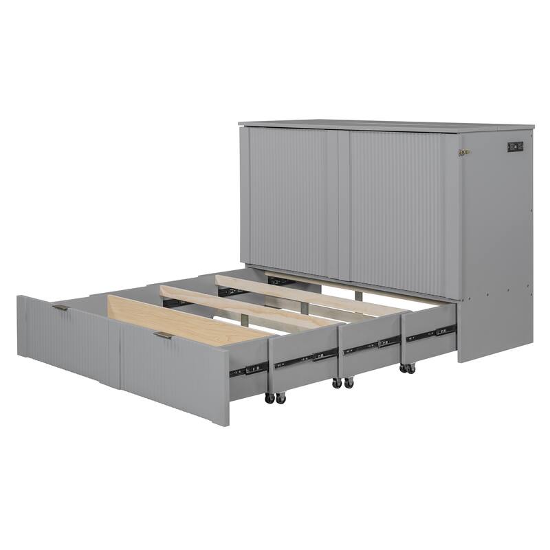 Space-Saving Queen Size Murphy Bed with Drawer, USB Ports, and Pulley Mechanism, Convertible Wall Bed with Flexible Slats