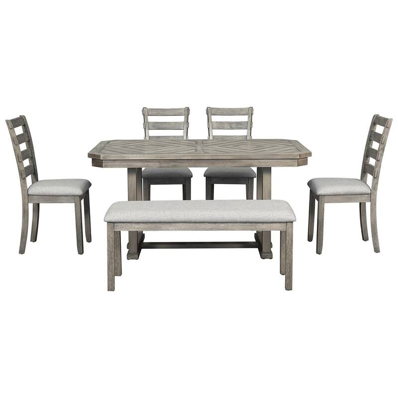 6 PCS Rubber Wood Dining Table Set for 6-Wood Grain Top, Solid Wood Veneer, and Cushioned Seats