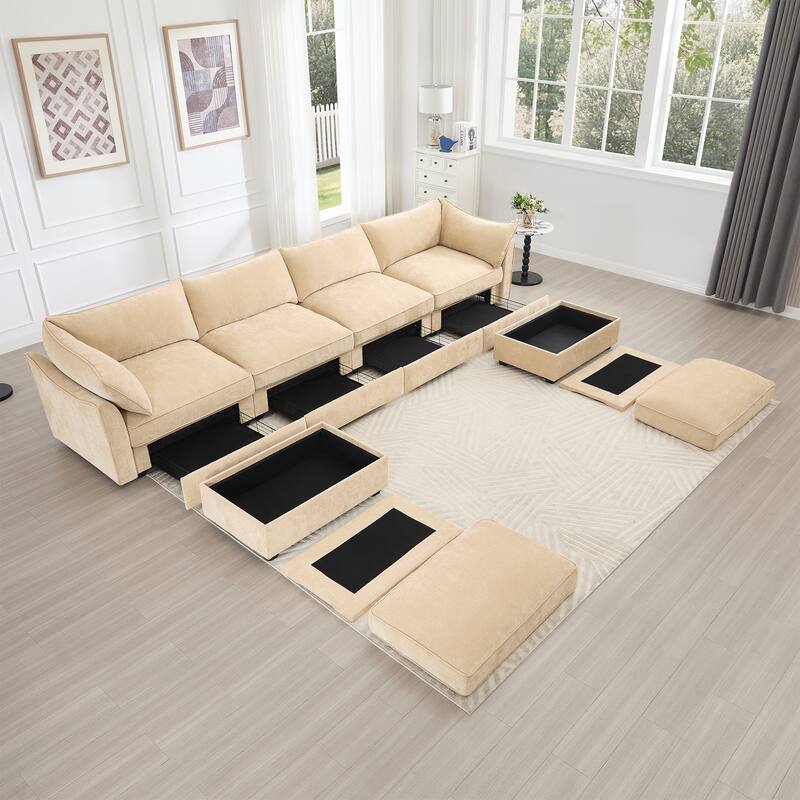 4- Deep L-Shaped Seater Sectional Sofa Couch with 2 Movable Storage Ottoman & Pull out Drawers Under Each Seat