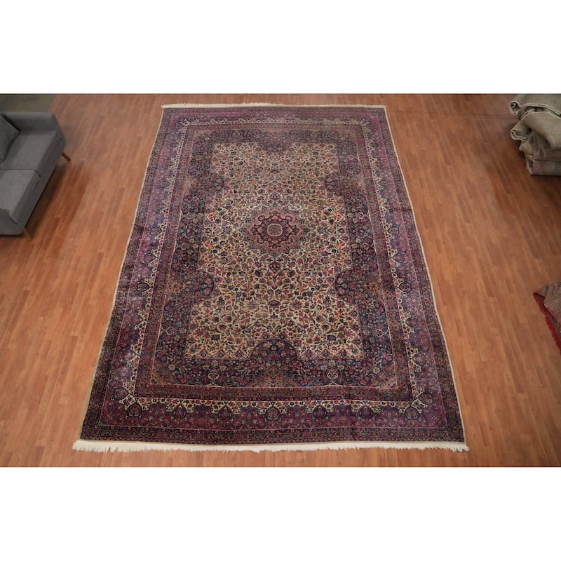 Hand Knotted Oriental 100% Wool Carpet Traditional Floral Beige & Ivories Kerman Area Rug - 15' 5'' X 10' 9''