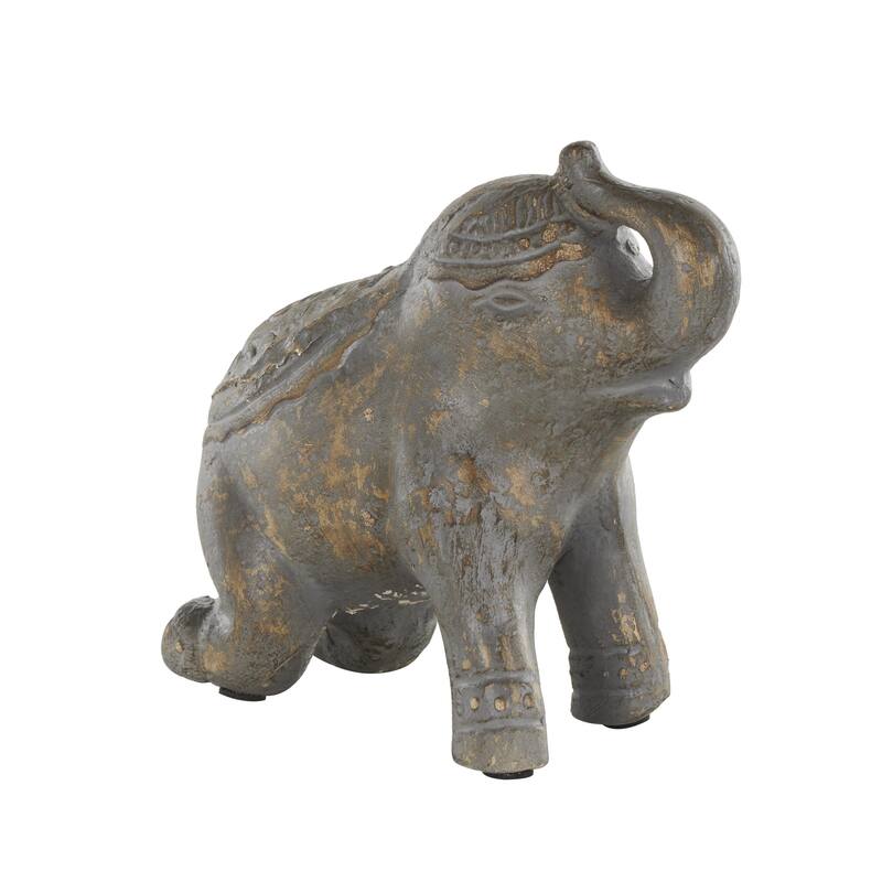 Dark Gray Paper Mache Handmade Distressed Carved Elephant Decorative Sculpture with Wood Inspired Accents
