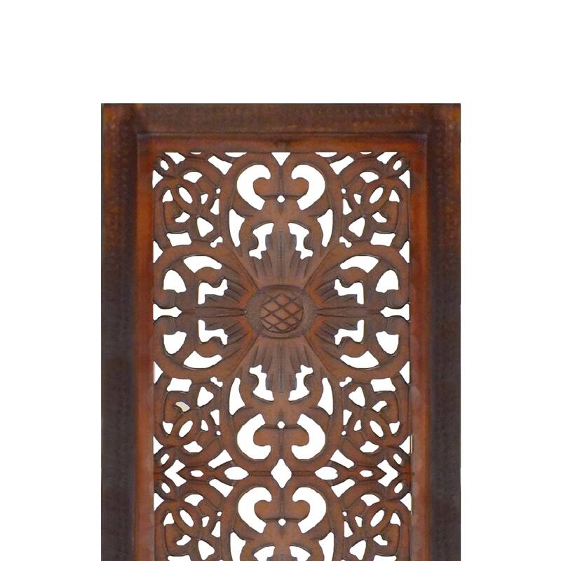 2 Piece Mango Wood Wall Panel Set with Mendallion Carving, Burnt Brown
