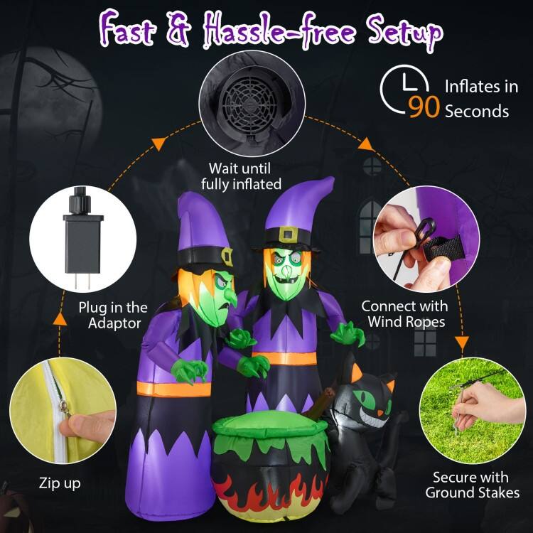 Multi-Color Polyester 6Ft Inflatable Halloween Witches with LED Lights and Black Cat