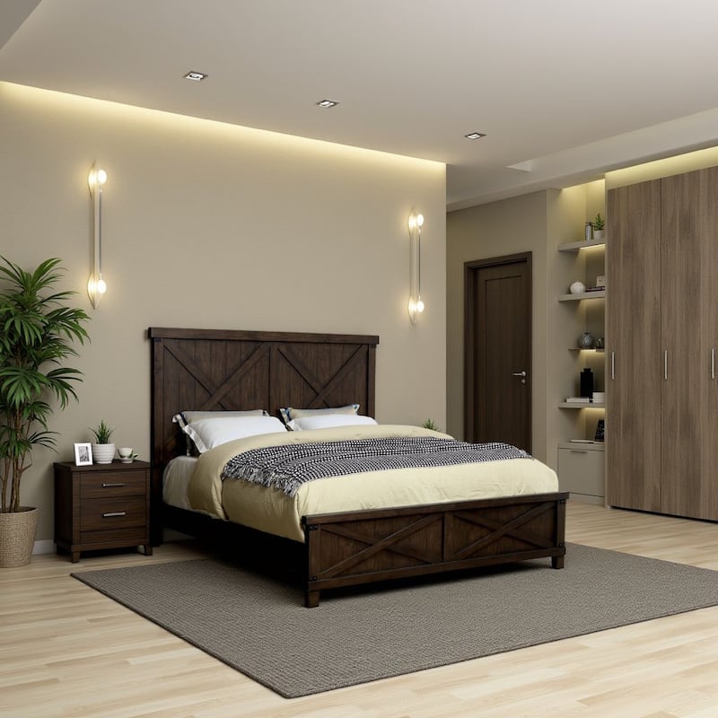 Wooden Queen Size Bed with Barn Style Plank Headboard and Footboard, Brown