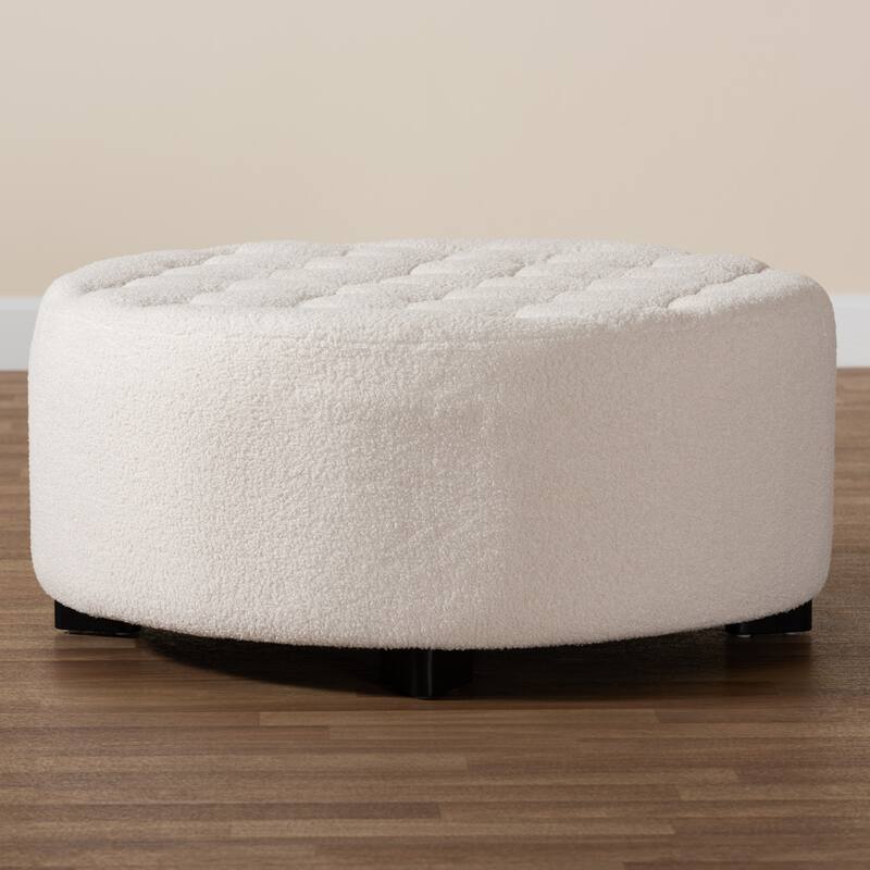 Athena Modern and Contemporary Ivory Boucle Upholstered and Black Finished Wood Round Ottoman