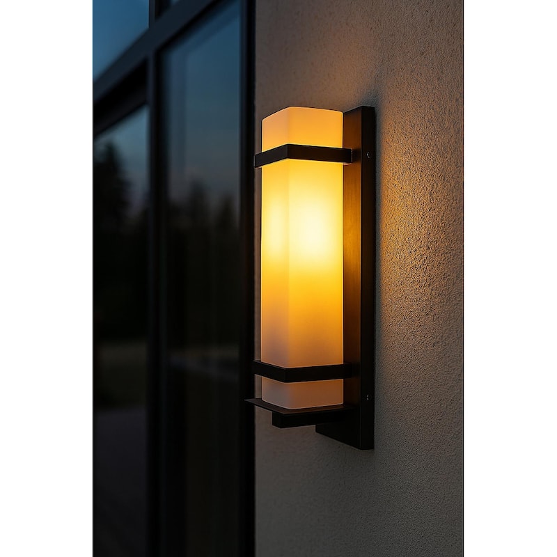 14-Inch 1-Light Waterproof Outdoor Wall Sconce, White Glass Shade, E26 Base (Bulb Not Included) - Matte Black