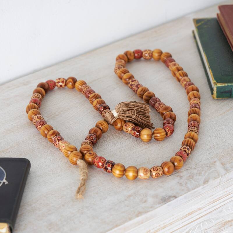 Red or Brown Wood Handmade Long Beaded Garland with Tassel with Bohemian Patterns