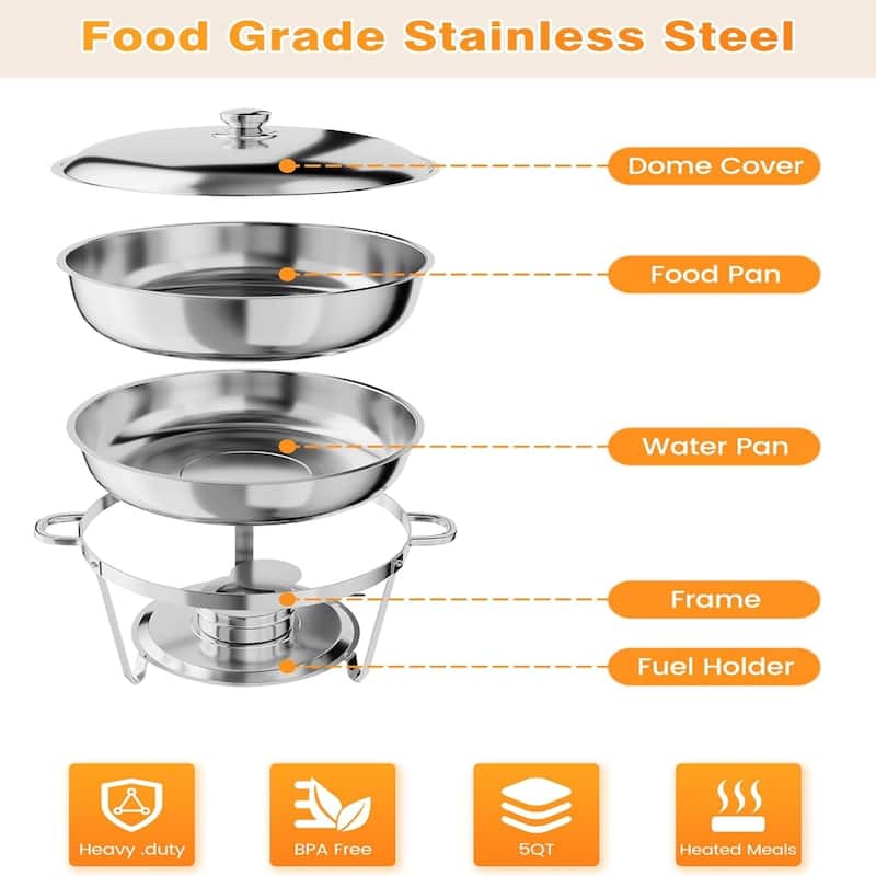 Stainless Steel Fondue and Food Warmer 5QT Round Fondue Buffet Set with Lid Stand Spoon and Tweezers (Silver 4-Pack)