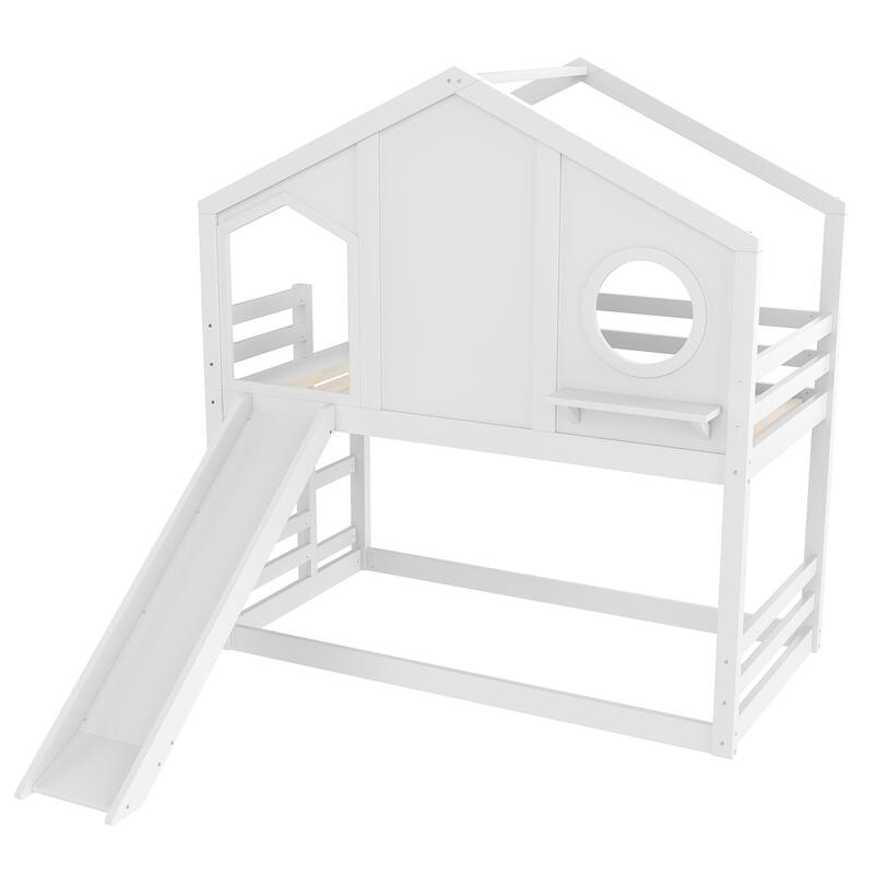 Twin House Bunk Bed with Slide & Storage Shelves - Solid Wood, Childlike Design, Window