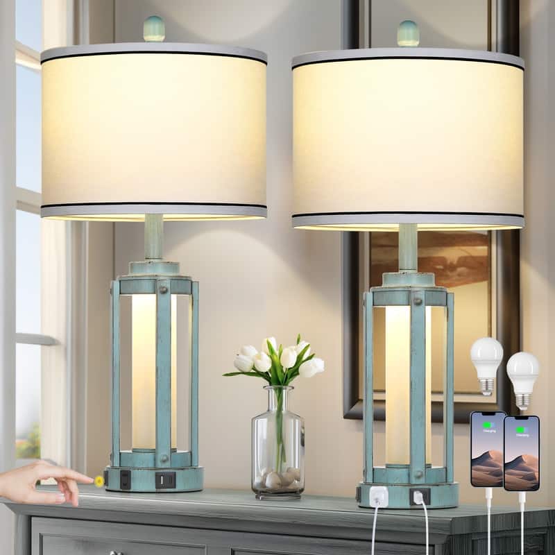 26" Farmhouse Blue Table Lamp with USB & Type-C Charging Ports, AC Outlet, and Night Light(Set of 2) - 12'' X 12'' X 26''