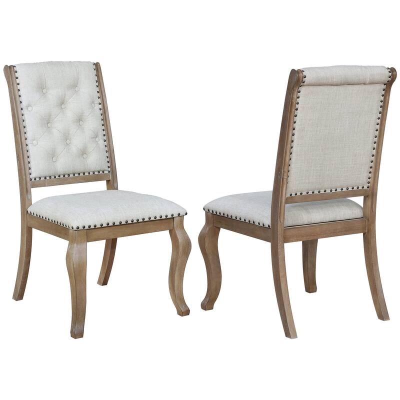 Rolled Back Design Button Tufted Cream Upholstered Dining Chairs with Nailhead Trim (Set of 2)