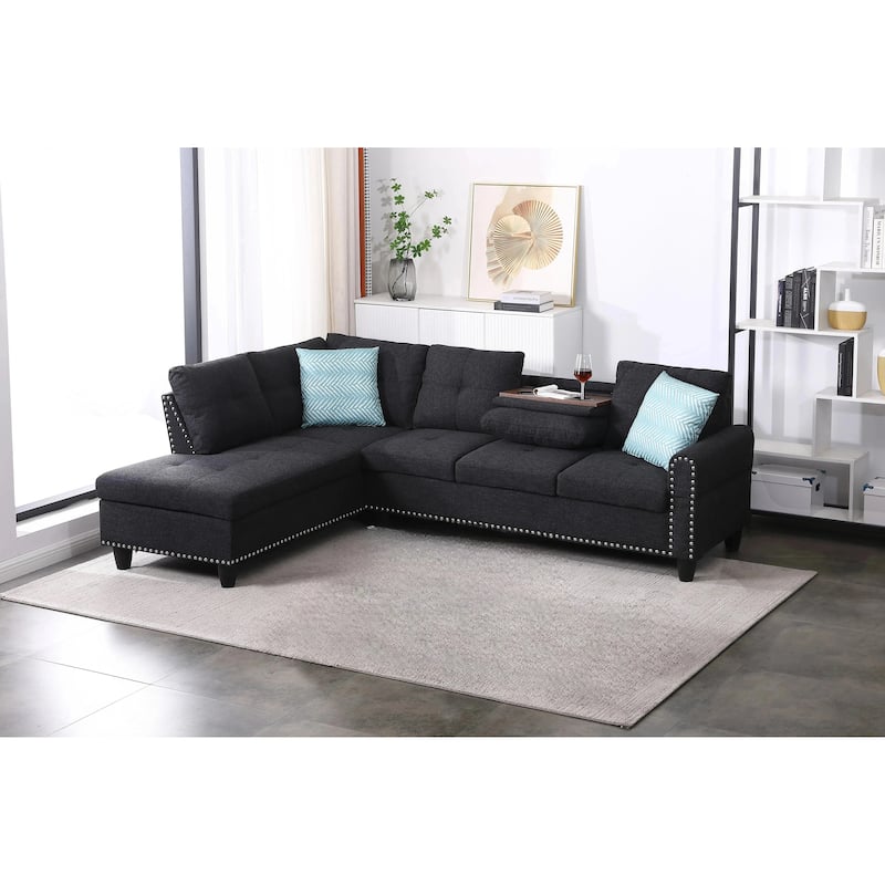 98" Charcoal Grey Linen Left Hand Facing Sofa & Chaise, Seats Five