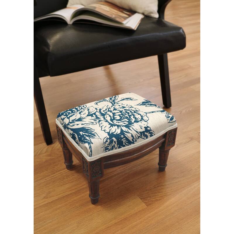 Navy Blue Peony Footstool with wood stained finish