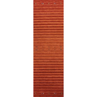 Striped Orange Gabbeh Oriental Runner Rug Hand-Knotted Wool Carpet - 2'7" x 13'0"