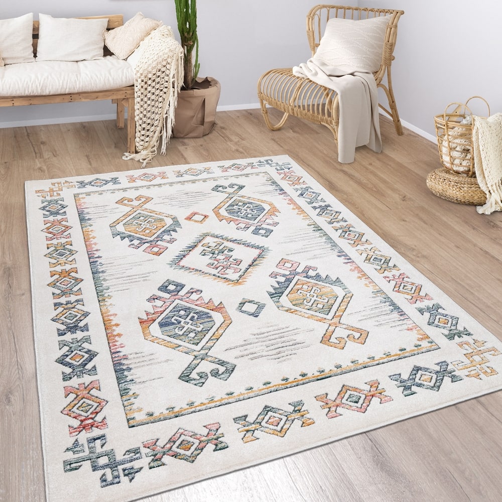 Ethnic Design Area Rug in Beige with colorful Boho Pattern