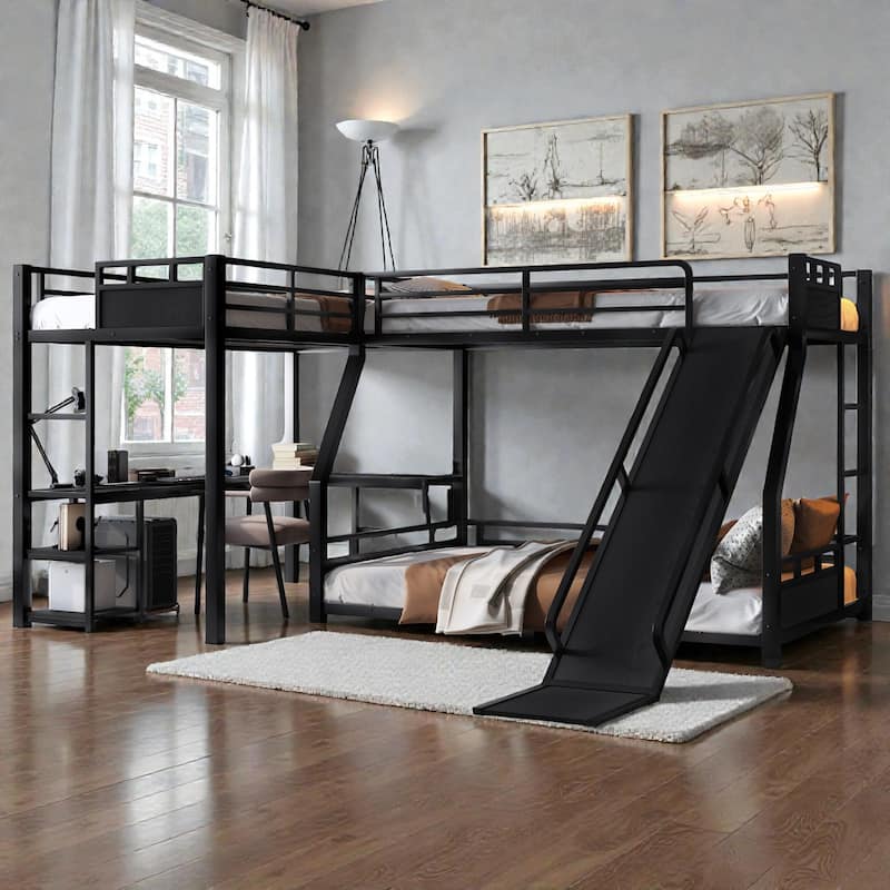 Metal Triple Bunk Bed with L-Shaped Desk, Storage Shelves & Slide, Twin/Twin XL over Full/Queen Space-Saving Loft Design