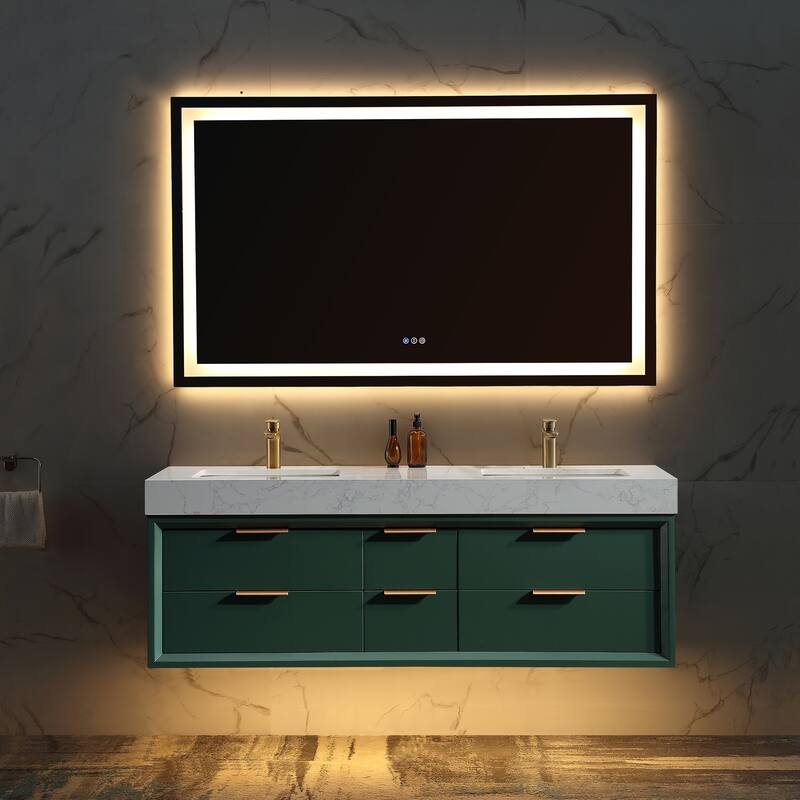 36/48/60 Modern LED Floating Bathroom Vanity with Single/Double Sink & Soft-Close Drawers & Waterproof, Green