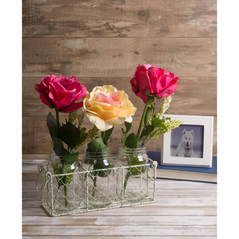 DII Vintage Grey Chickenwire Flatware Caddy With Clear Jars