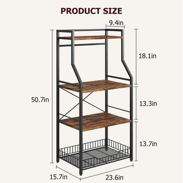 Rustic Kitchen Bakers Rack Microwave Oven Stand with Large Wire Basket - 15.7"D x 23.6"W x 50.7"H
