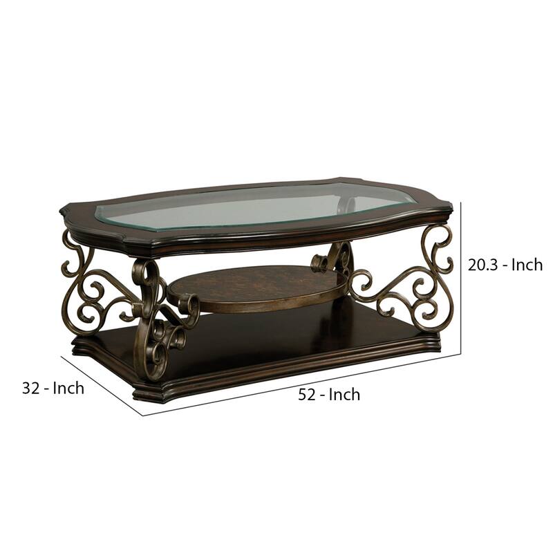 Cocktail Table with Glass Top and Scroll Accent, Brown