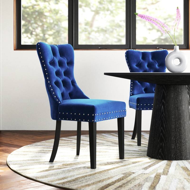 Velvet Dining Chairs Set of 2, Accent Diner Chairs Upholstered Fabric Living Room Chairs Side Chair Stylish Kitchen Chairs - Navy Blue