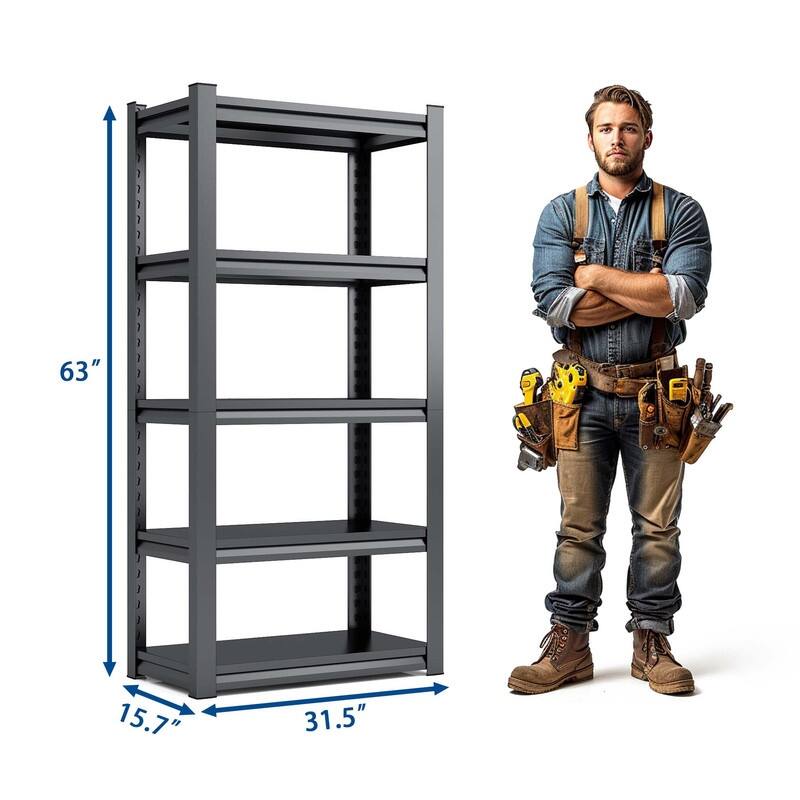 5 Tier Heavy Duty Metal Garage Shelving Storage with Adjustable Shelves，31.5"W*15.7"D*63"H