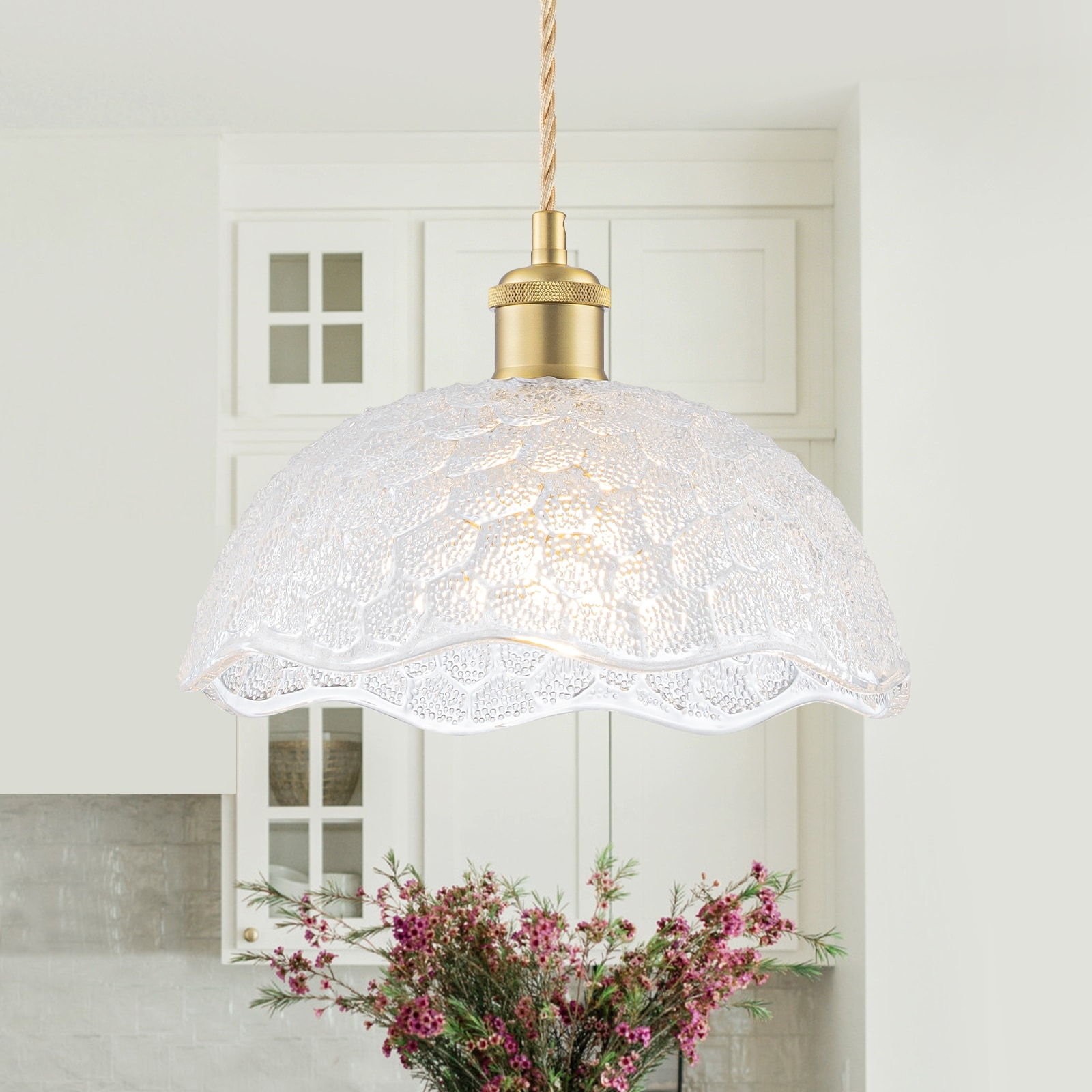 1-Light Gold Dome Pendant Light with Textured Glass Shade - Dia.10.63.72inch