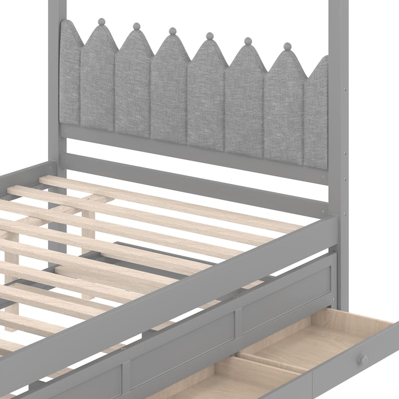 Full/Twin Platform Bed with Upholstered Headboard, Trundle & 3 Drawers, Princess Canopy Bed