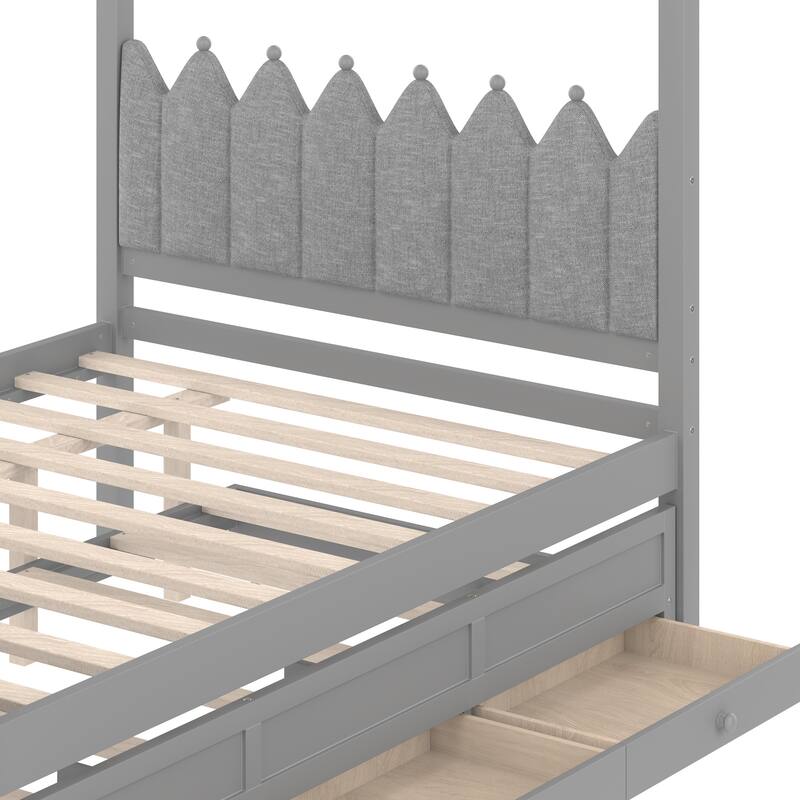 Roomfitters Canopy Bed with Trundle and Drawers, Upholstered Crown Headboard, Solid Wood Frame
