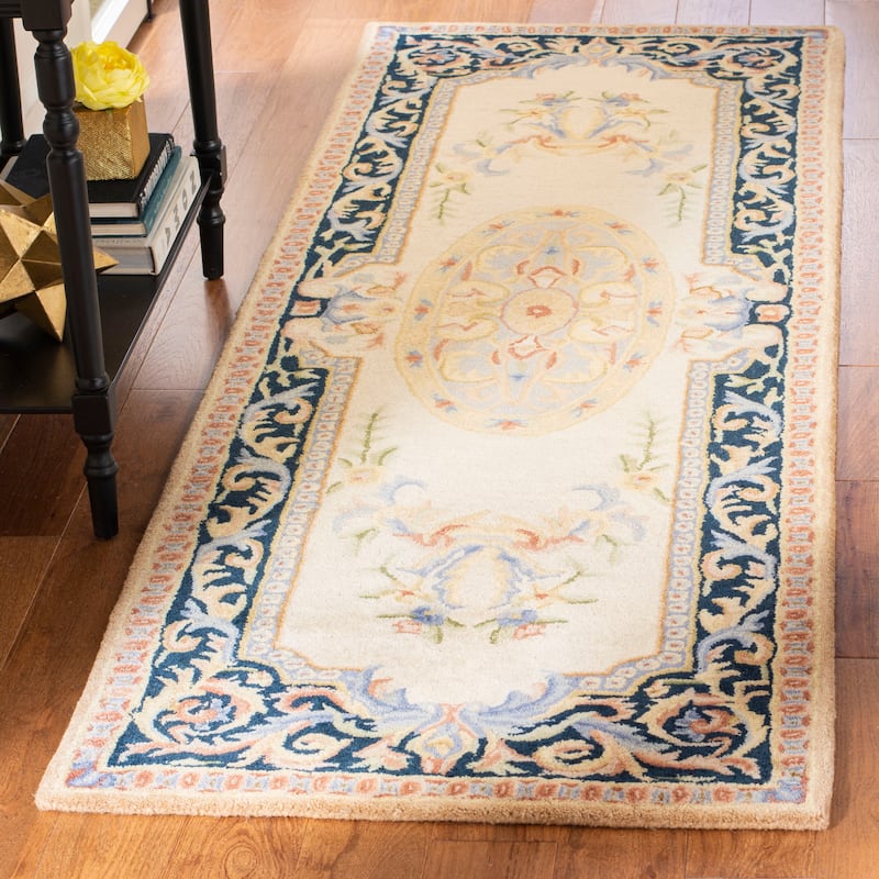 SAFAVIEH Handmade Savonnerie Miracle Traditional Oriental Wool Rug - 2'6" x 8' Runner - Ivory/Navy