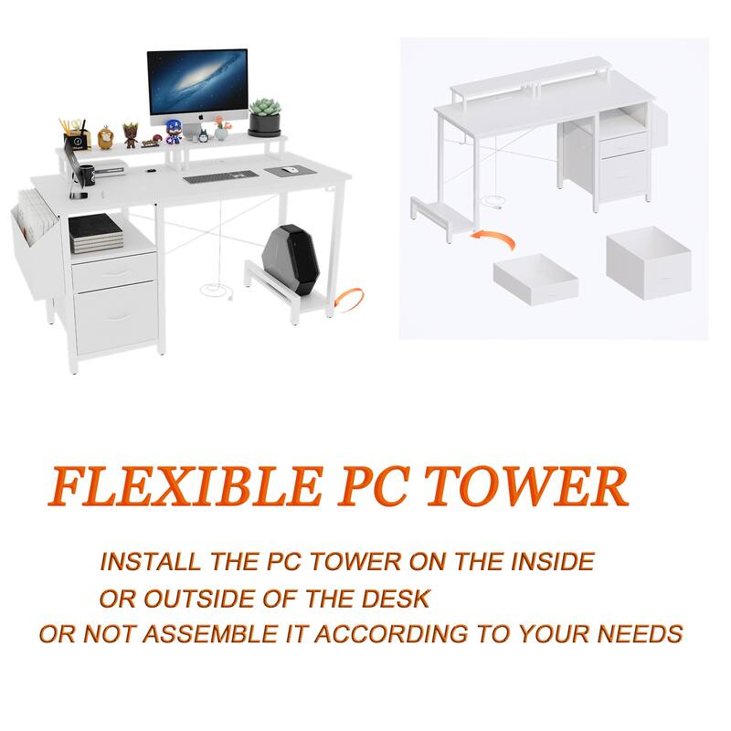 47" Office Desk with 2 Monitor Stands and Fabric File Cabinet, Writing Gaming Table with Shelves and Hooks for Home Office
