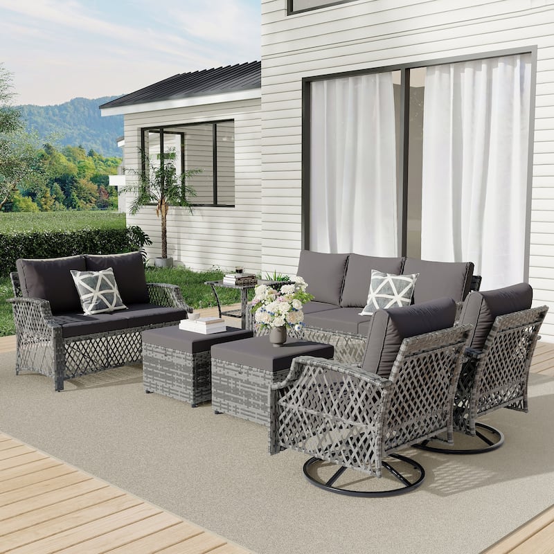 Outdoor Wicker Patio Set w Swivel Chairs & Sofa, Ottomans and Tables, Modular 3/5/6/7-Piece, All-Weather Conversation Set. - 7-Piece: Loveseat & Sofa - Grey