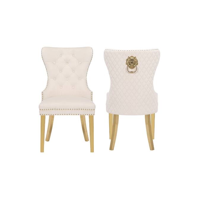 Modern Set of 2 Dining Chairs with Button Tufted Upholstered Back, Nailhead Trim, Stainless Steel Legs for Dining Room - Beige