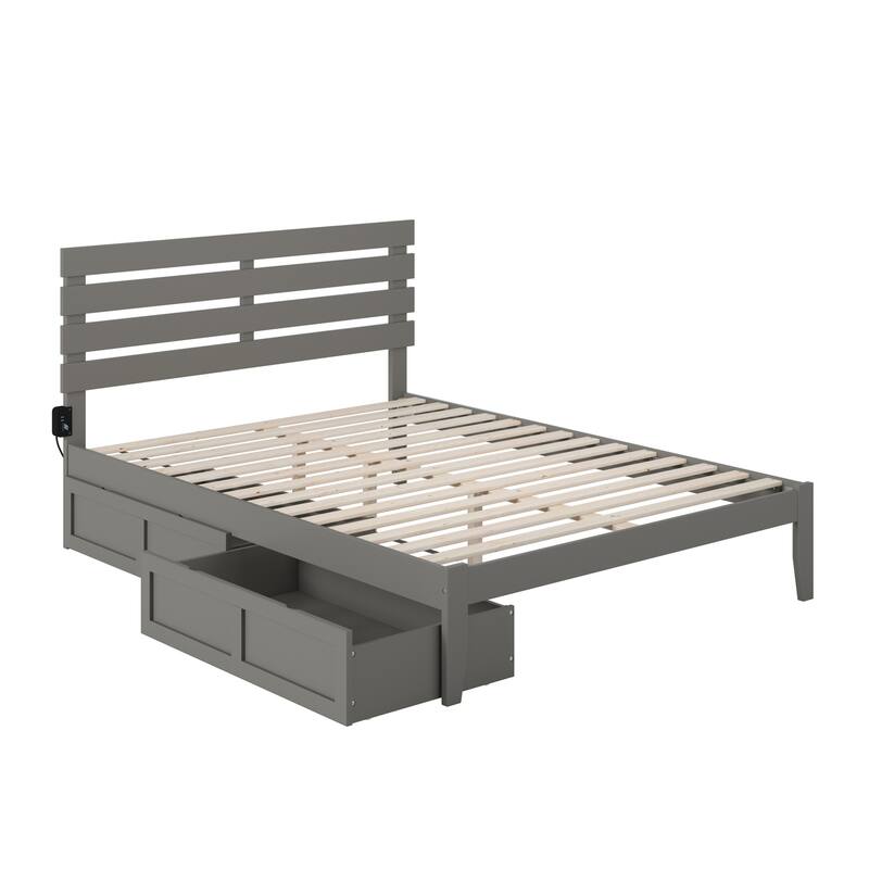 Platform Bed with Drawers & USB Charger - Grey Finish - Solid Wood - No Box Spring Needed