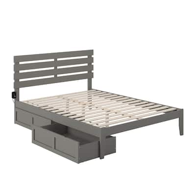 Platform Bed with Drawers & USB Charger - Grey Finish - Solid Wood - No Box Spring Needed