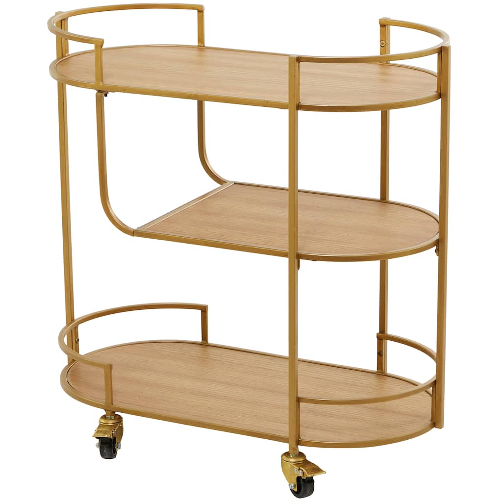 Wood Rolling 3 Shelves Bar Cart with Handles - Gold - Roche River Decor - 15"W x 30"L x 30"H
