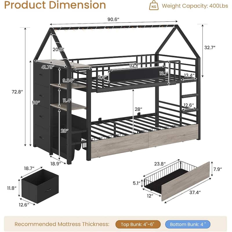House Low Loft Bed Twin Size Storage Drawers Bookcase LED Lights