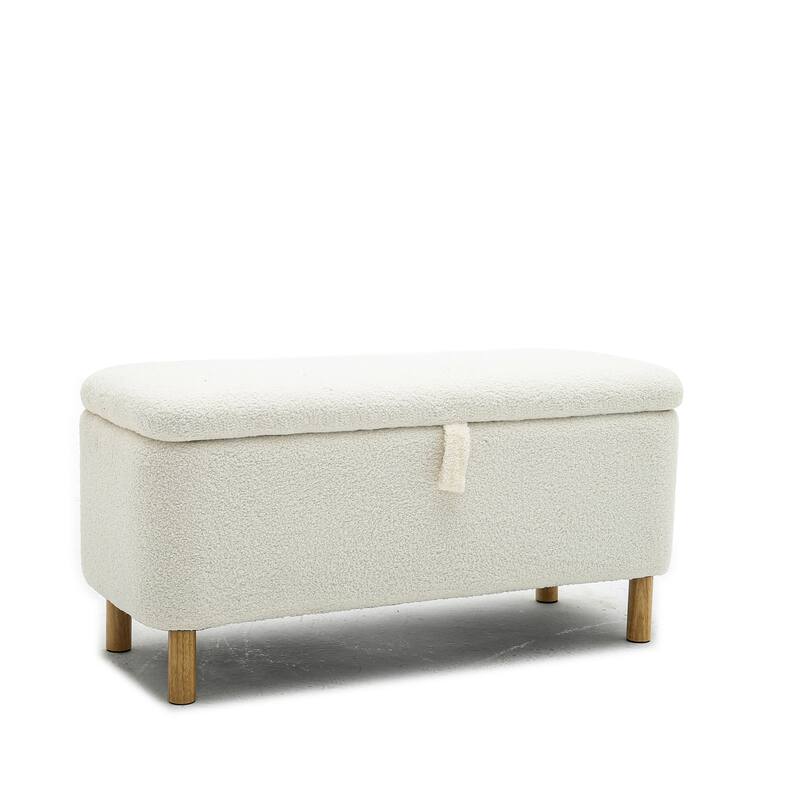 White Storage Ottoman Bench Upholstered Fabric Storage Bench End of Bed