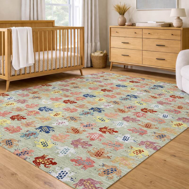 Machine Washable Indoor/ Outdoor Modern Frogs Chantille Rug