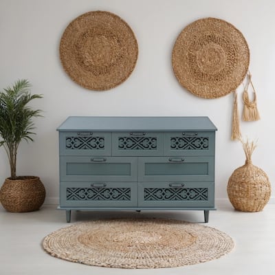7 Drawer Storage Cabinet with Carved Pattern and Black Metal Handles