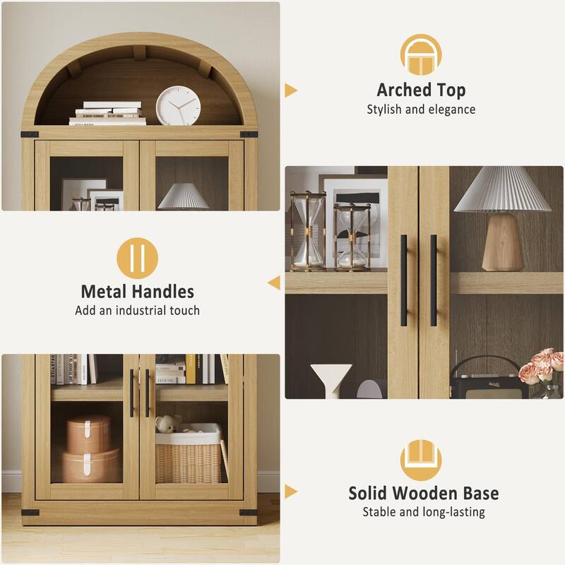 71" Tall Arched Bookshelf - Wooden Bookcase Storage Cabinet Rounded Display Storage Shelves Cabinet