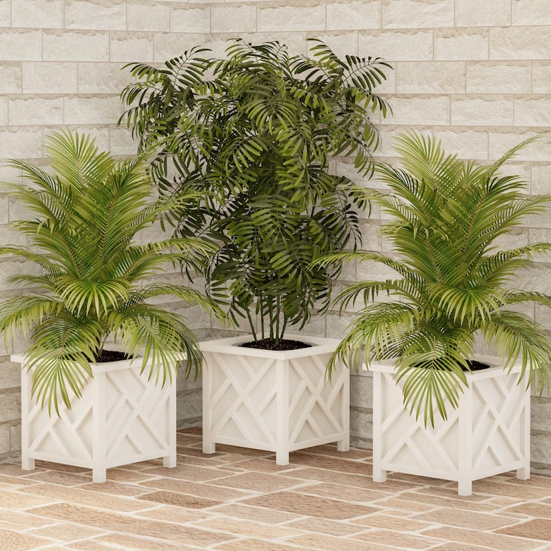 Lattice Design Planter Box – 14.75-Inch-Square Decorative Outdoor Flower or Plant Pot by Pure Garden (White)