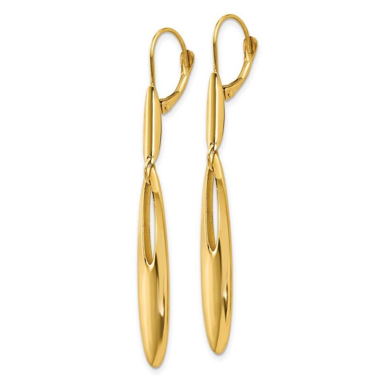 Curata 14k Yellow Gold Polished Elongated Oval Leverback Long Drop Dangle Earrings 52x6mm