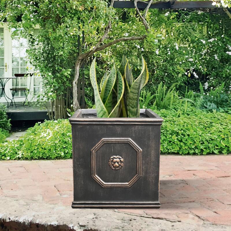 DurX-litecrete Lightweight Concrete Lion Head Square Bronze Planter Medium - 12.6'x12.6'x12.6'